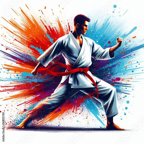 Dynamic martial artist executing a powerful move with colorful energy

