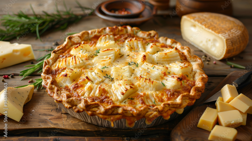 Delicious savory pie with melted cheese on a rustic table. Delicious savory pie with melted cheese on a rustic table.