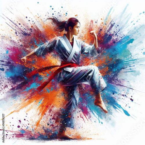 Dynamic martial artist executing a powerful move with colorful energy

