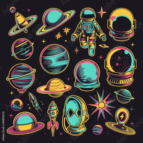 A sticker sheet with a space exploration theme