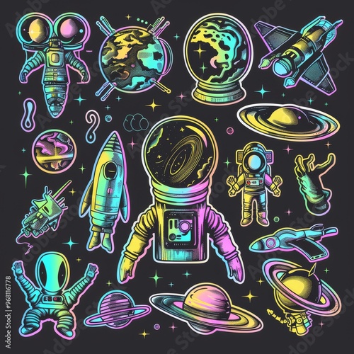 A sticker sheet with a space exploration theme