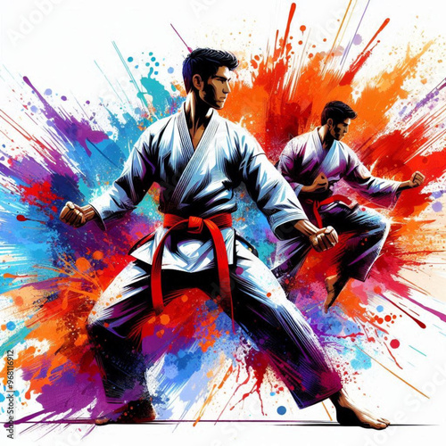 Dynamic martial artist executing a powerful move with colorful energy

