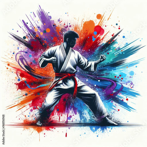 Dynamic martial artist executing a powerful move with colorful energy

