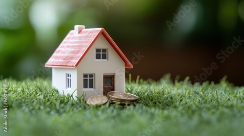 Miniature House with Coins on Green Grass