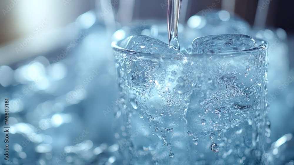 A close-up of ice cubes in a glass with sparkling water pouring in. A close-up of ice cubes in a glass with sparkling water pouring in.
