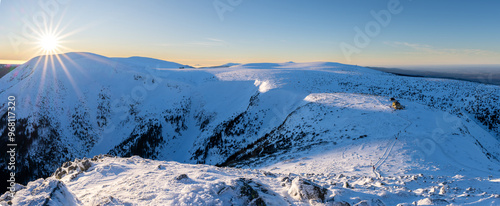 Obraz na płótnie panoramic view on Giant mountains at winter sunset in Poland w salonie