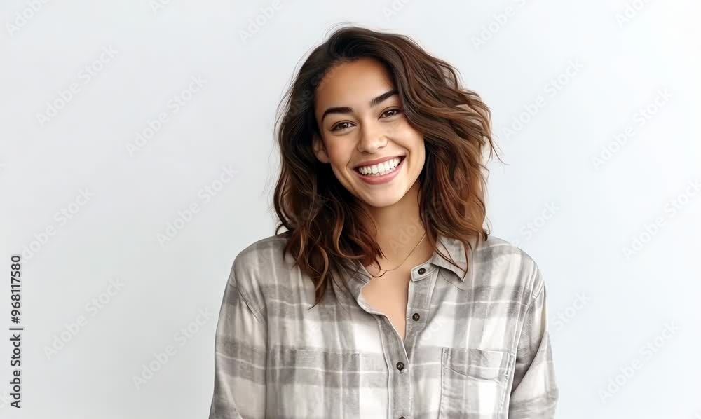 Portrait of young beautiful woman in casual clothes smiling and looking at camera over white background. Portrait of young beautiful woman in casual clothes smiling and looking at camera over white background.