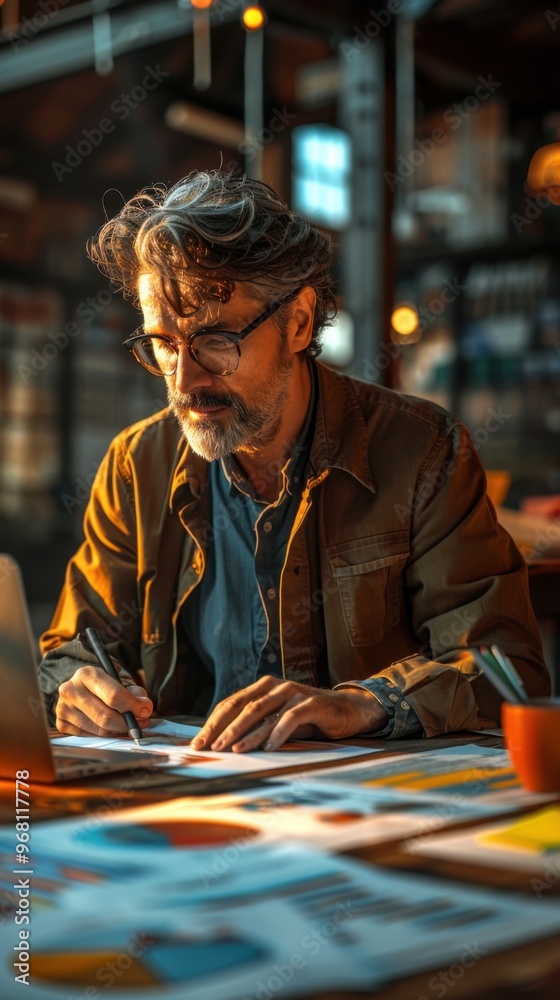 Man sitting at a table with a laptop, financial reports Man sitting at a table with a laptop, financial reports