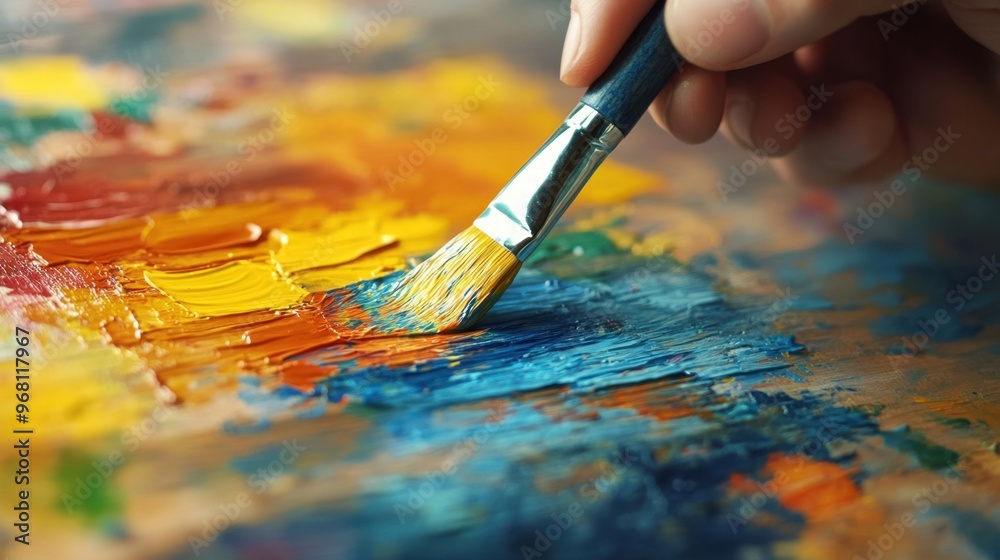Fototapeta premium Artist Mixing Paint on Palette with Brush Close up