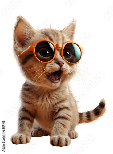 Isoliertes Kätzchen mit Sonnenbrille, überrascht, süß, lustig