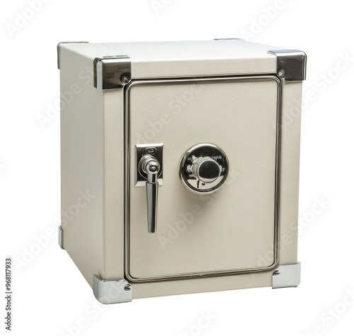 Closed white steel safe. Transparent background