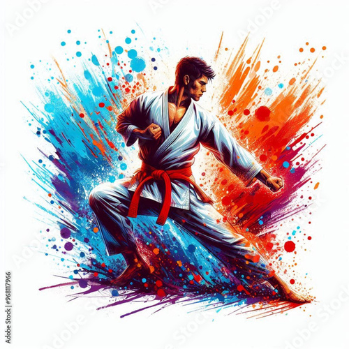 Dynamic martial artist executing a powerful move with colorful energy

