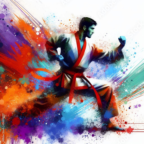 Dynamic martial artist executing a powerful move with colorful energy

