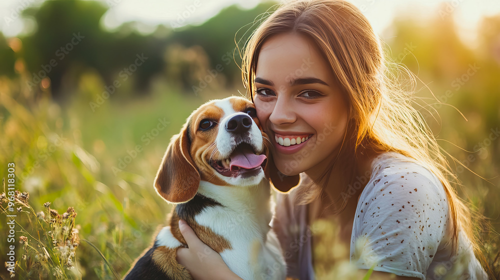 Charming young woman playing with beagle dog on green field