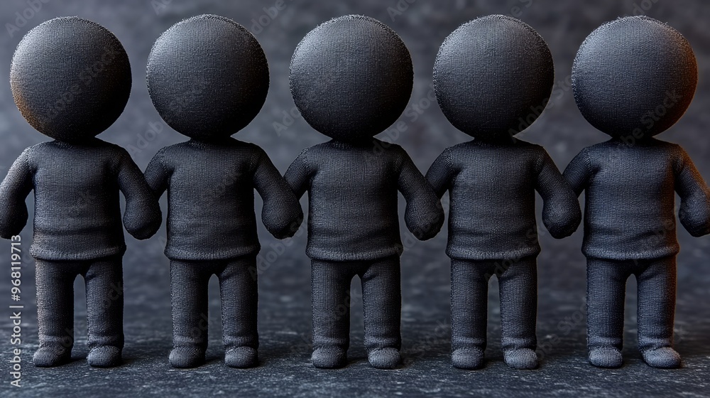 Obraz premium Five minimalist figurines stand in a line, symbolizing unity and collaboration against a textured dark background.