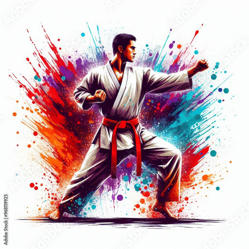 Dynamic martial artist executing a powerful move with colorful energy

