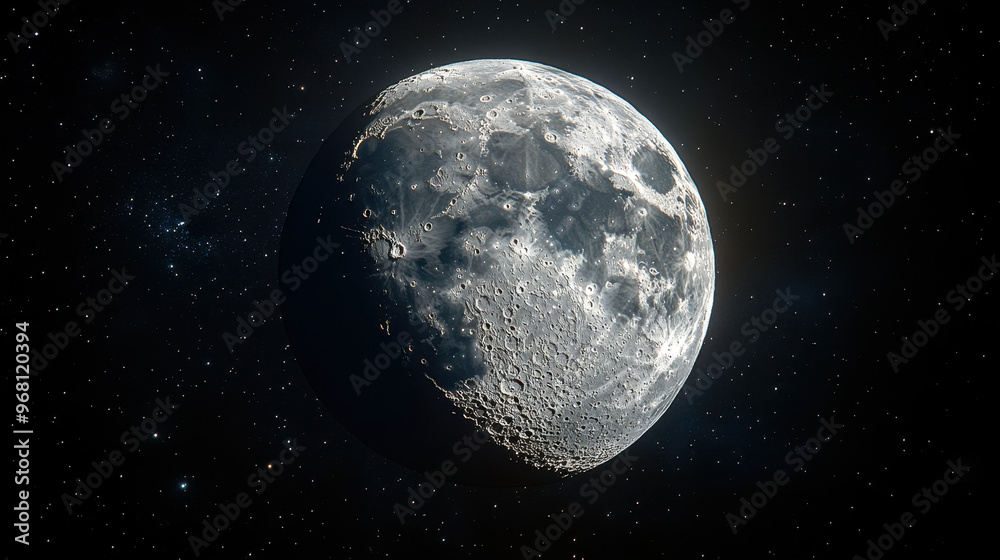Fototapeta premium Stunning Close-Up of the Moon's Surface in Space, Capturing Detailed Craters and Shadowed Regions, Ideal for Astronomy, Space Exploration Themes, and Cosmic Backgrounds