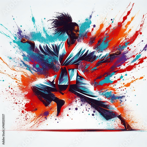 Dynamic martial artist executing a powerful move with colorful energy

