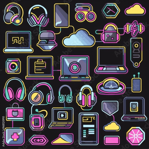 A sticker sheet showcasing various digital icons and tech-related symbols