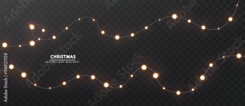 Christmas string lights g isolated on dark background. Glowing lamp light with sparkles. Xmas, New Year, wedding or Birthday garland decorations