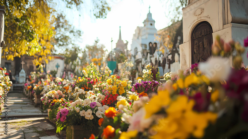 There is a day in Spain that is celebrated on All Saints' Day where people go to cemeteries to leave flowers for the deceased. photo