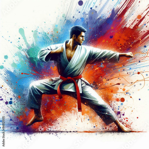 Dynamic martial artist executing a powerful move with colorful energy

