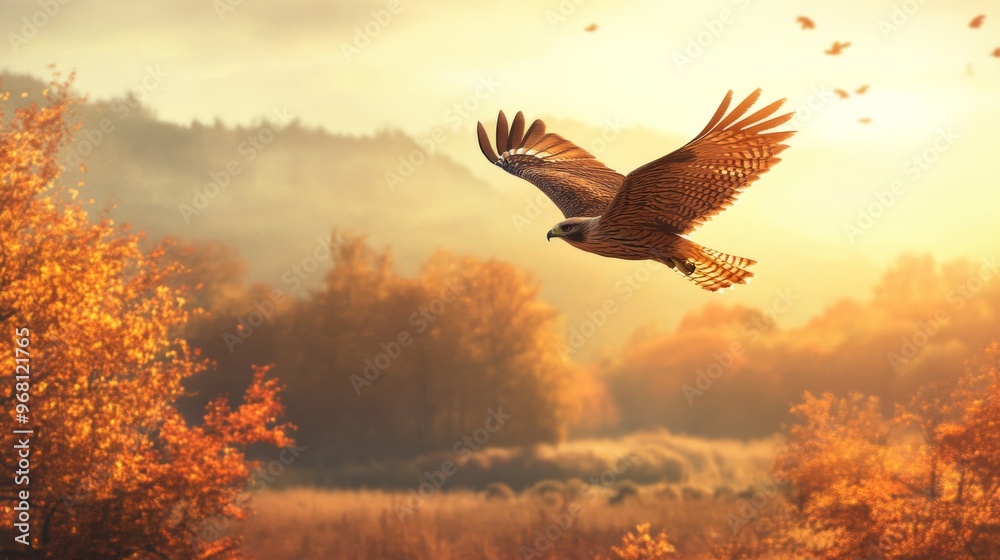 Obraz premium Hawk Soaring Through a Golden Autumn Forest