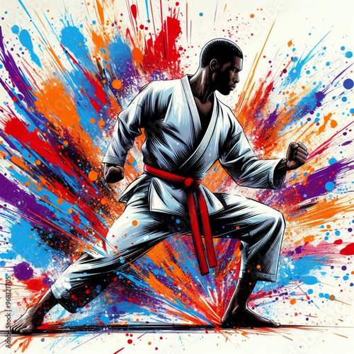 Dynamic martial artist executing a powerful move with colorful energy

