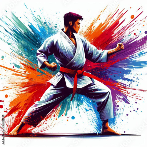 Dynamic martial artist executing a powerful move with colorful energy

