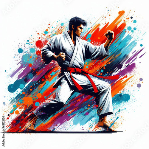 Dynamic martial artist executing a powerful move with colorful energy

