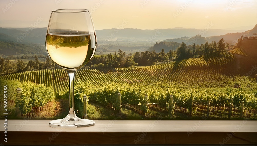 A wine glass with a subtle swirl of white wine, reflecting the bright sun, standing against A wine glass with a subtle swirl of white wine, reflecting the bright sun, standing against