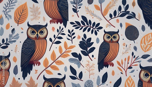 Owl Motifs- Illustrated seamless patterns featuring owls, branches, and other woodland elements, for textiles, home decor, or stationery
 photo