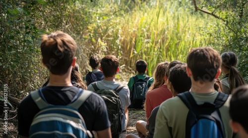 Group of Young People Hiking in a Forest