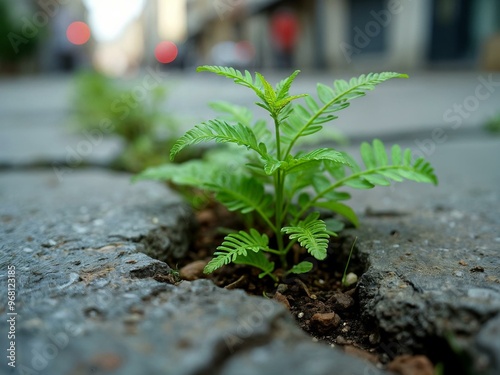 Small fern growing between cracks in a city sidewalk