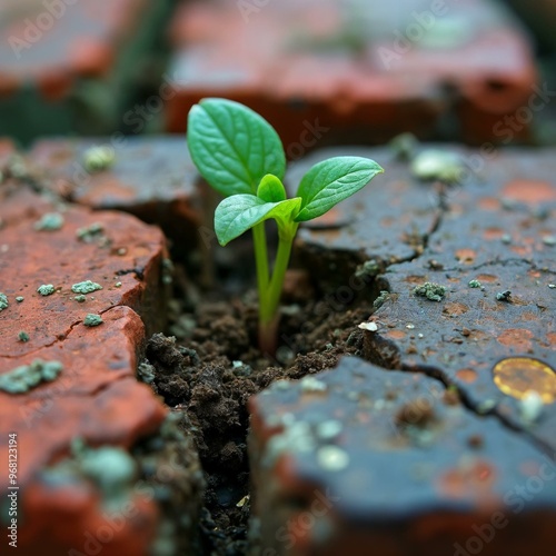Seedling sprouting from a broken brick