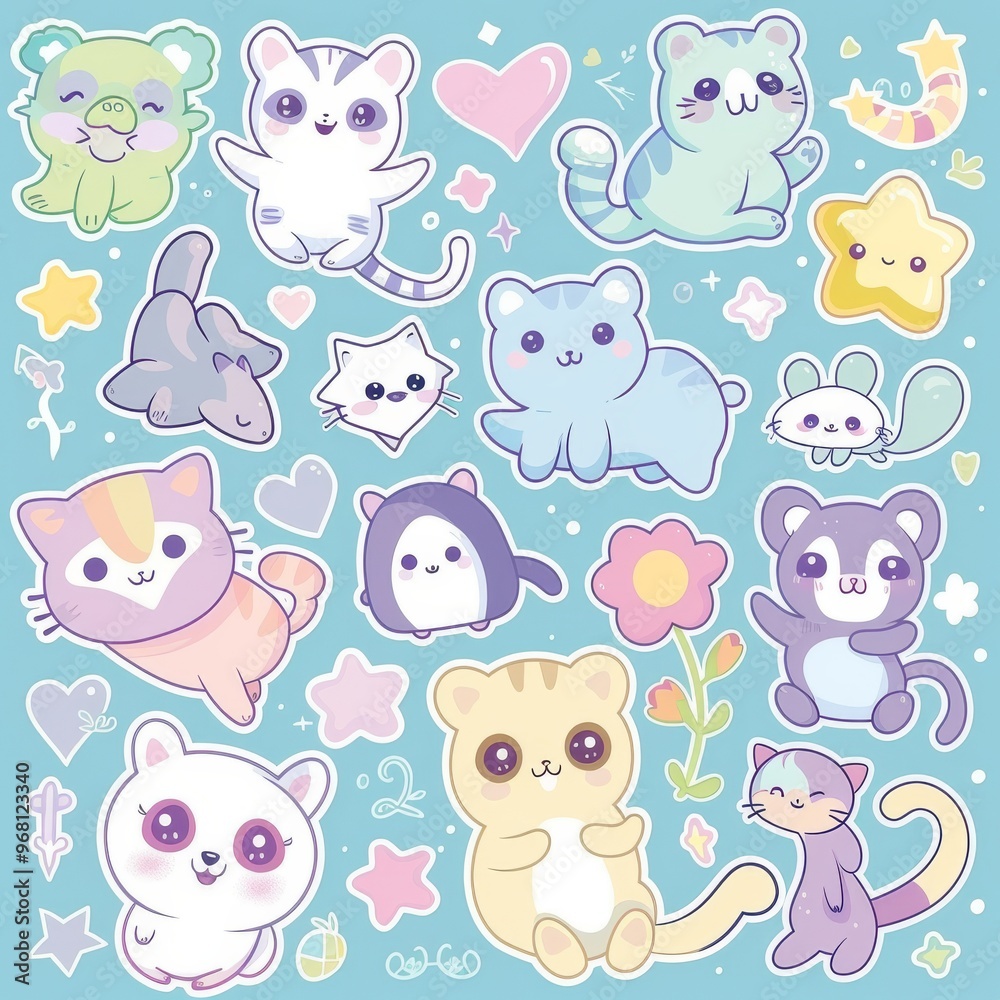 A sticker sheet featuring a variety of cute animals, including cats, pandas, and sloths