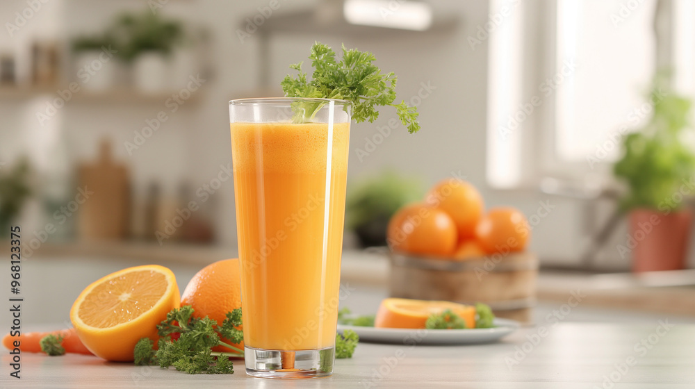 Fototapeta premium A vibrant orange and carrot juice blend, served in a tall glass with a sprig of parsley. The background is a bright, modern kitchen with soft morning light. Bright oranges and fresh greens