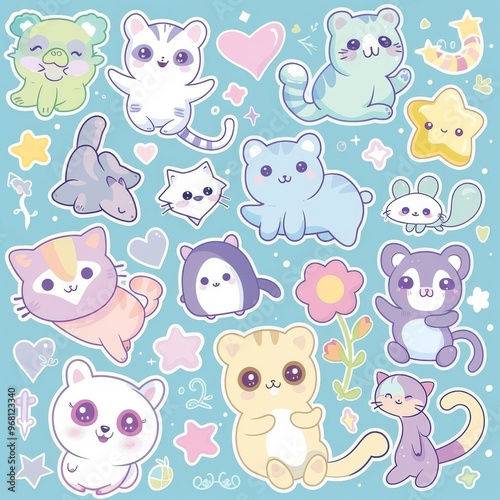 A sticker sheet featuring a variety of cute animals, including cats, pandas, and sloths