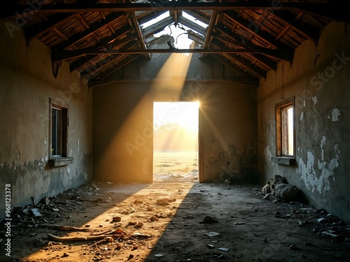 Sunlight Shining Through the Cracked Roof of an Abandoned Barn