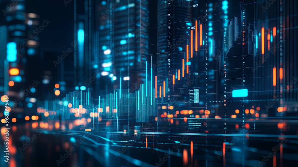 Naklejka premium A stock market graph with an upward trend on the background of city lights at night, displaying real-time global financial data and rising candlestick charts,