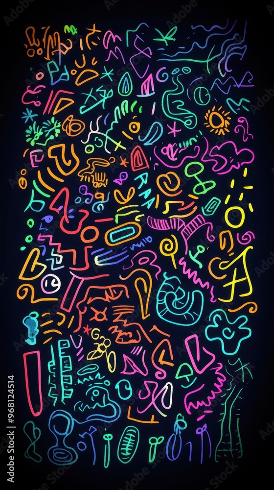 Fototapeta premium A vibrant abstract horizontal banner filled with colorful doodles and shapes to inspire creativity and artistic expression