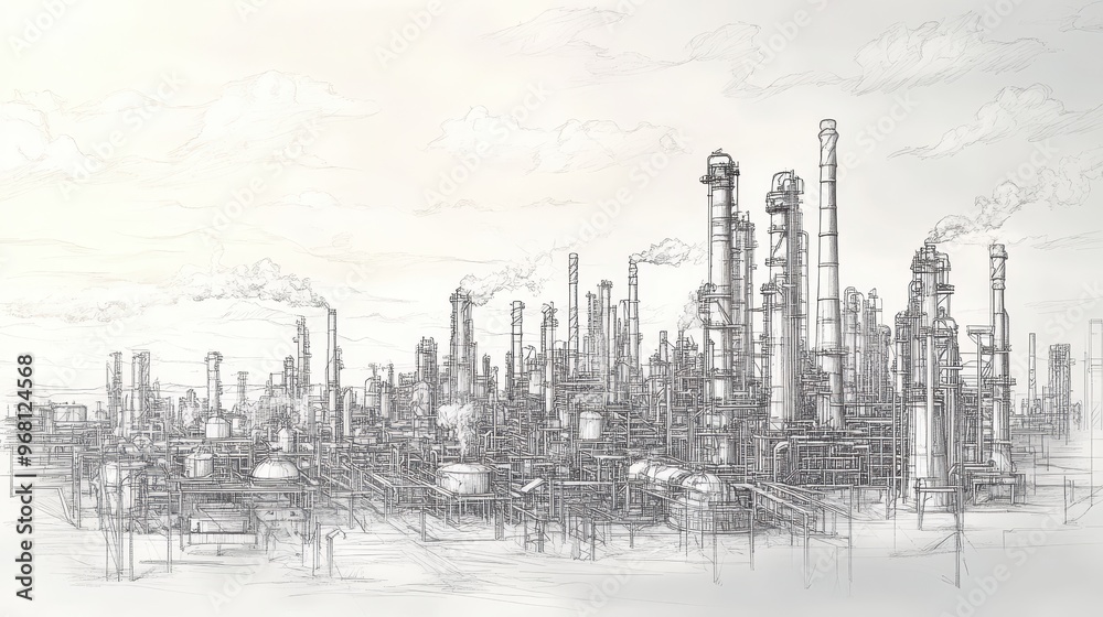 Industrial Complex Sketch: A Graphite Rendering of a Refinery Industrial Complex Sketch: A Graphite Rendering of a Refinery