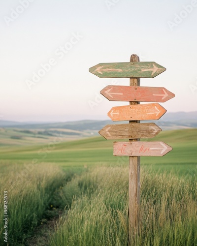 Rustic Signpost with Directional Arrows in Serene Countryside Landscape at Sunset