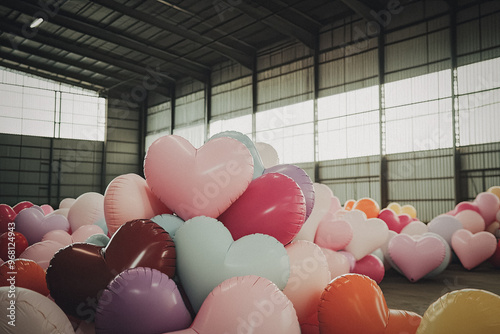 Large heart-shaped balloons, creative art installation, AI generated