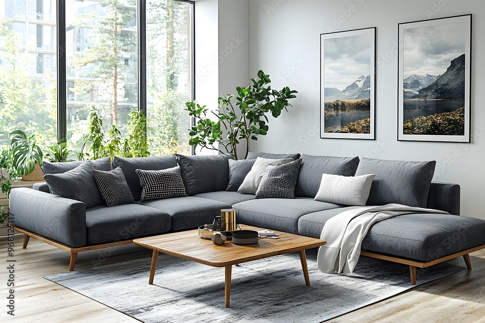 Fototapeta premium Modern scandinavian living room with gray sofa and wooden coffee table