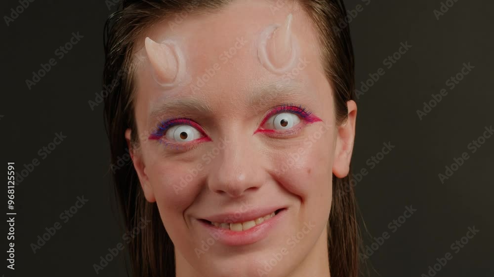 Halloween concept. Demon devil woman with white eyes red face and small horns on black background Ideas for halloween body art, make up artist. 
