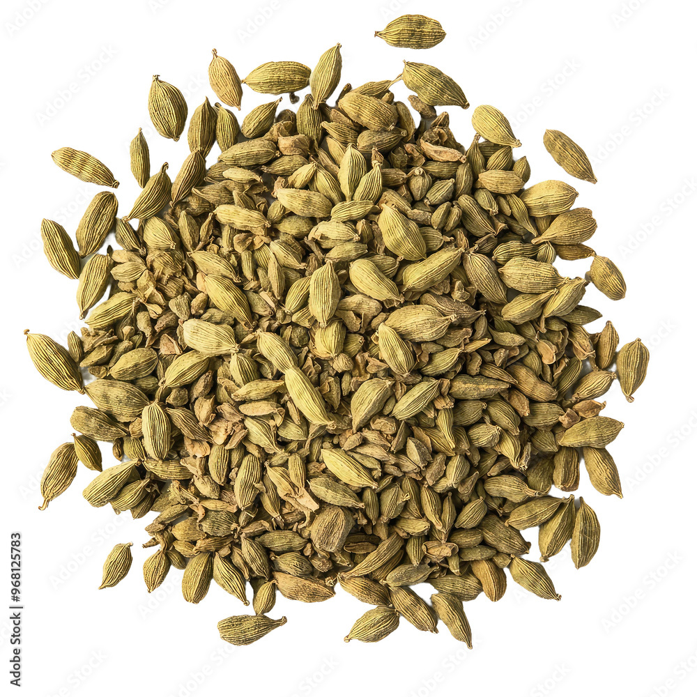 Close-up of dried green cardamom pods, a popular spice used in cooking and baking. Close-up of dried green cardamom pods, a popular spice used in cooking and baking.