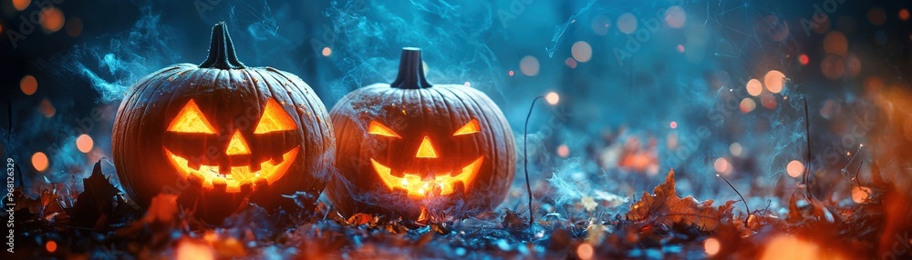 Naklejka premium Family-friendly Halloween games and activities, including mummy races, creepy craft stations, and pumpkin bowling, set in a whimsical, haunted venue with glowing lights and playful costumes for an