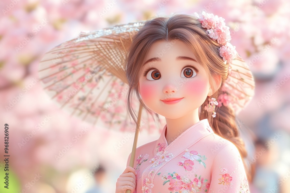 Smiling animated girl with a parasol standing under cherry blossoms on a soft pink background. Springtime and floral concept with copy space. Ideal for children’s, floral, and spring marketing.
Smiling animated girl with a parasol standing under cherry blossoms on a soft pink background. Springtime and floral concept with copy space. Ideal for children’s, floral, and spring marketing.