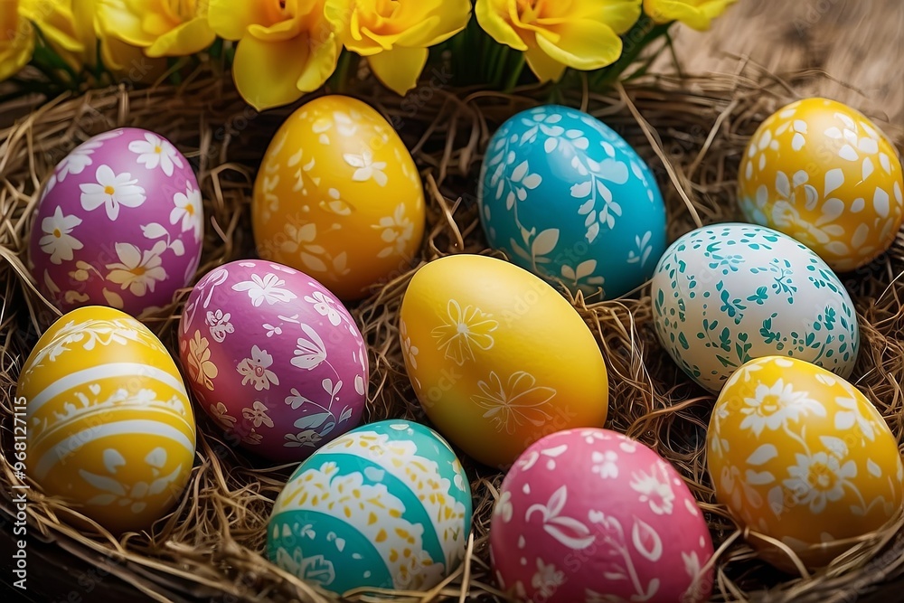 A collection of vibrantly painted Easter eggs features intricate floral designs, nestled in straw next to bright yellow flowers, creating a festive ambiance
